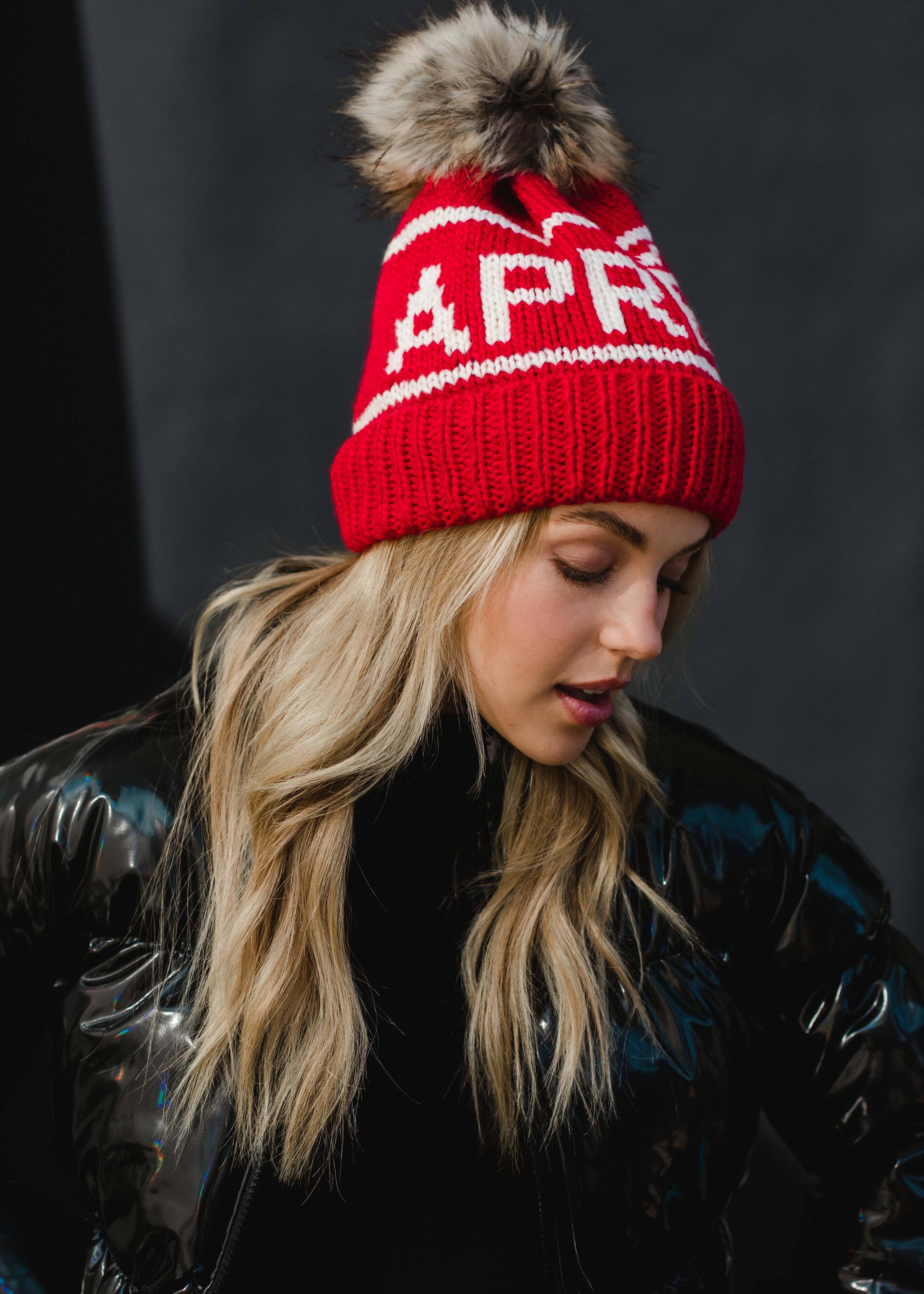 Red & White Apres Pom Hat