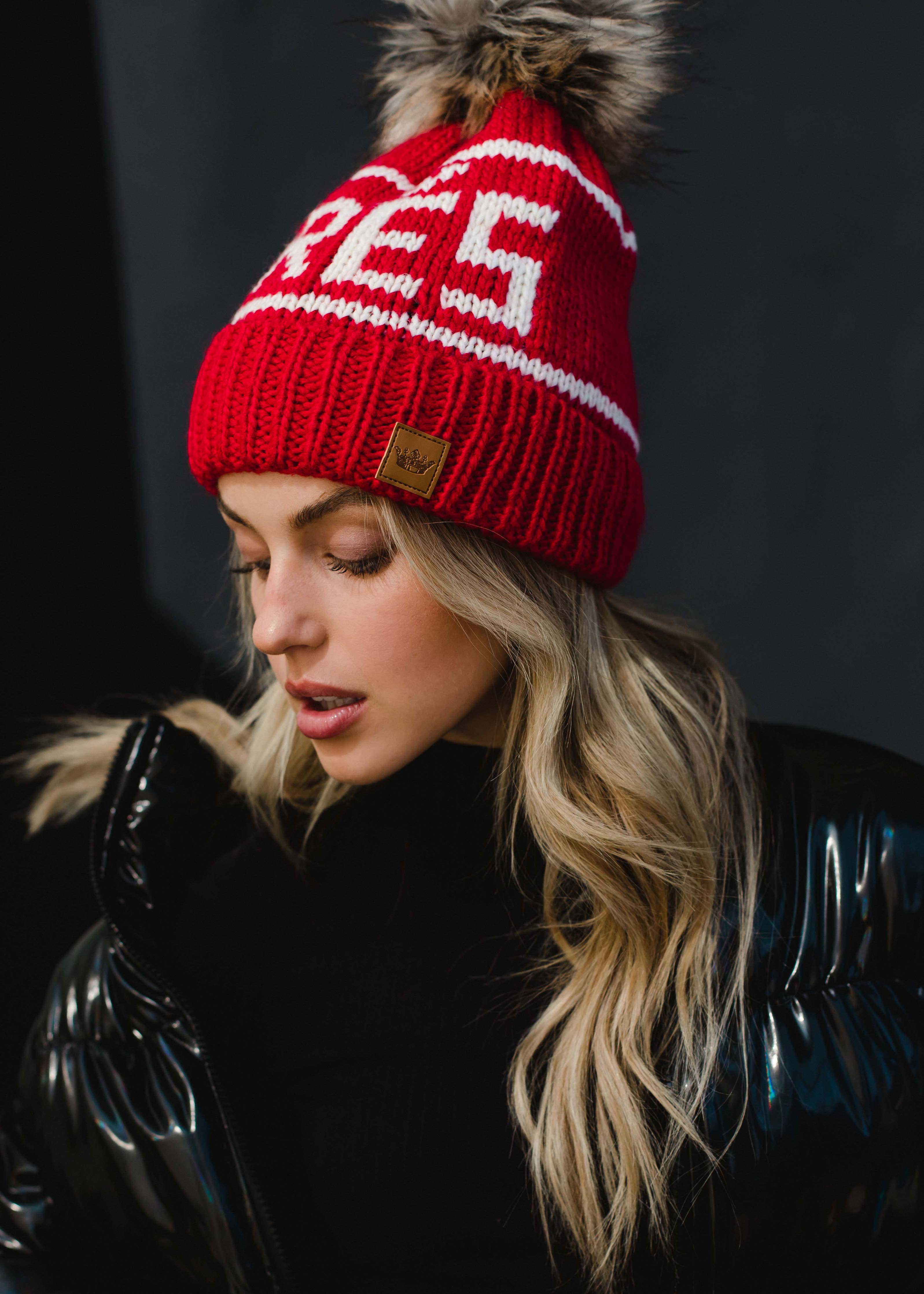 Red & White Apres Pom Hat