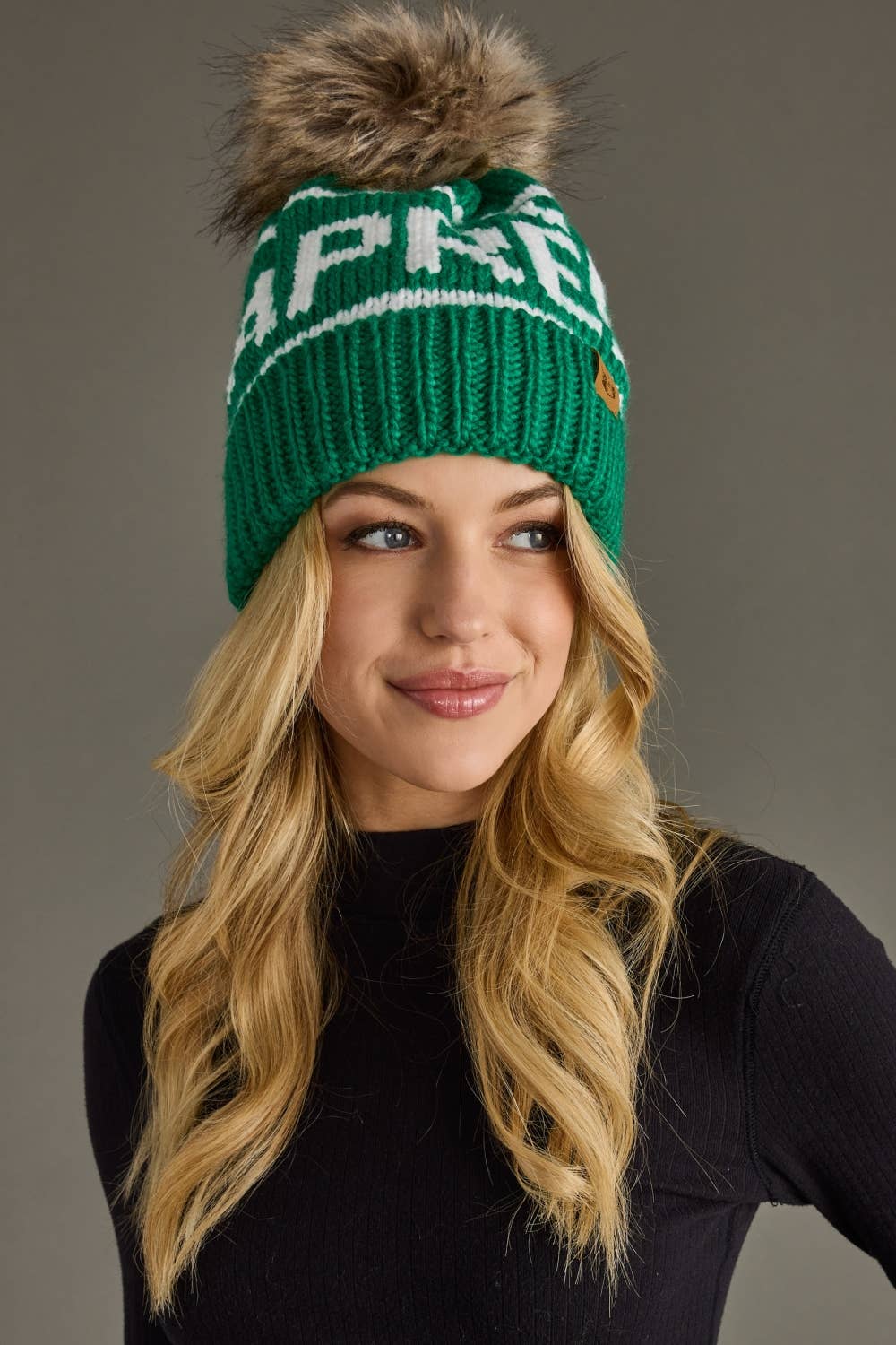 Green & White Apres Pom Hat