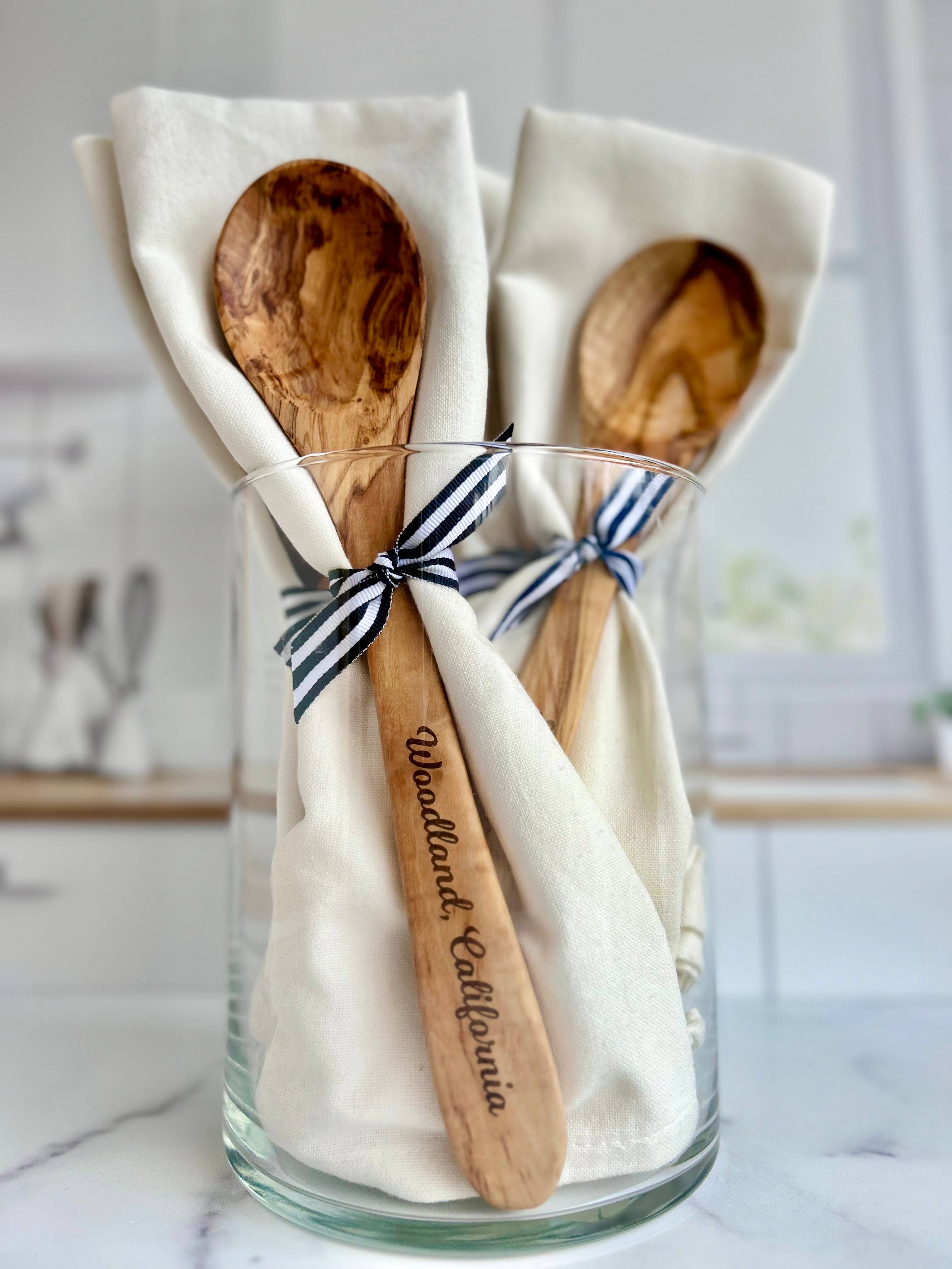 Custom City Name Olive Wood Serving Spoon & Towel Gift Set