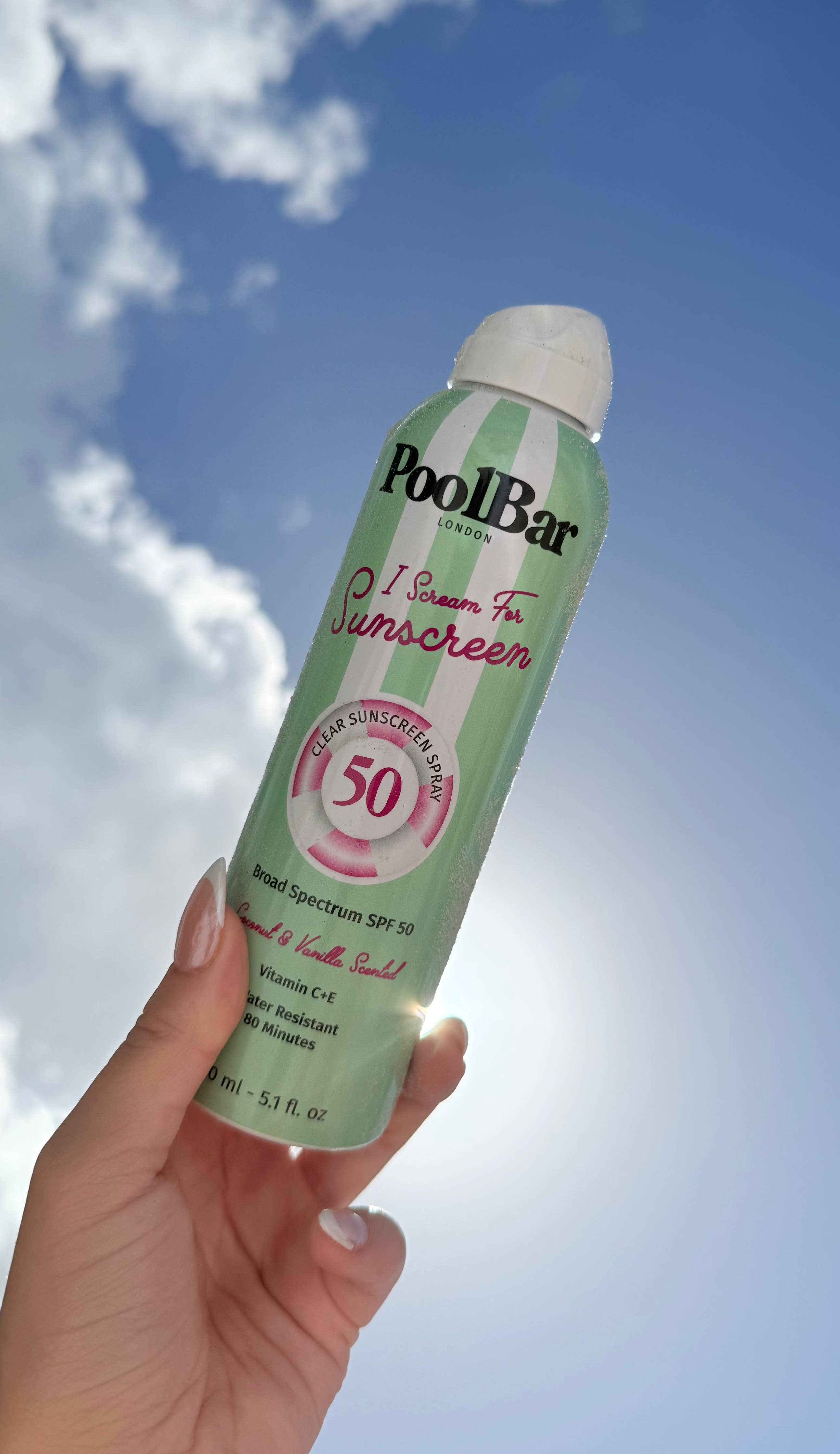 SPF 50 Clear Sunscreen Spray-Coconut and Vanilla Scented