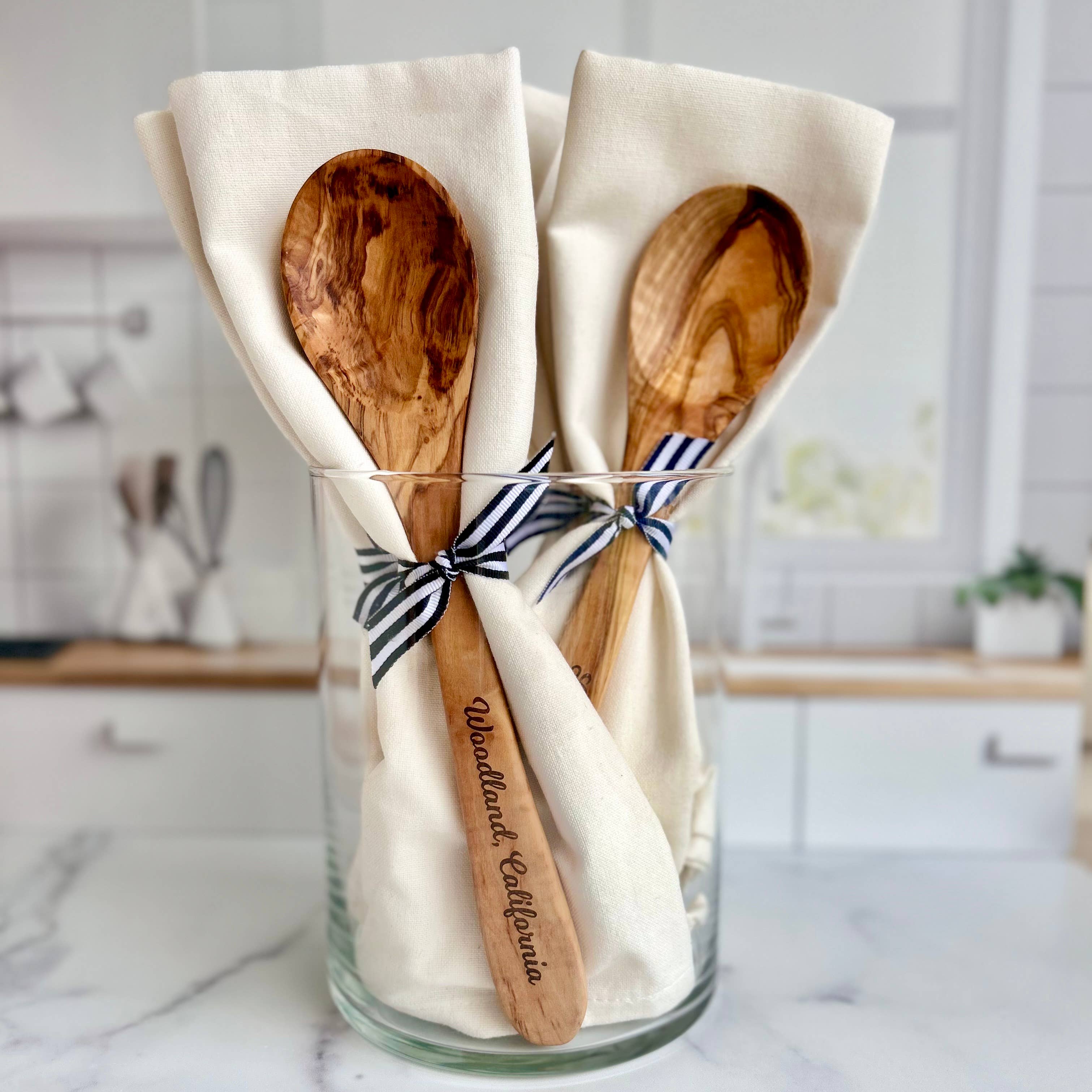 Custom City Name Olive Wood Serving Spoon & Towel Gift Set
