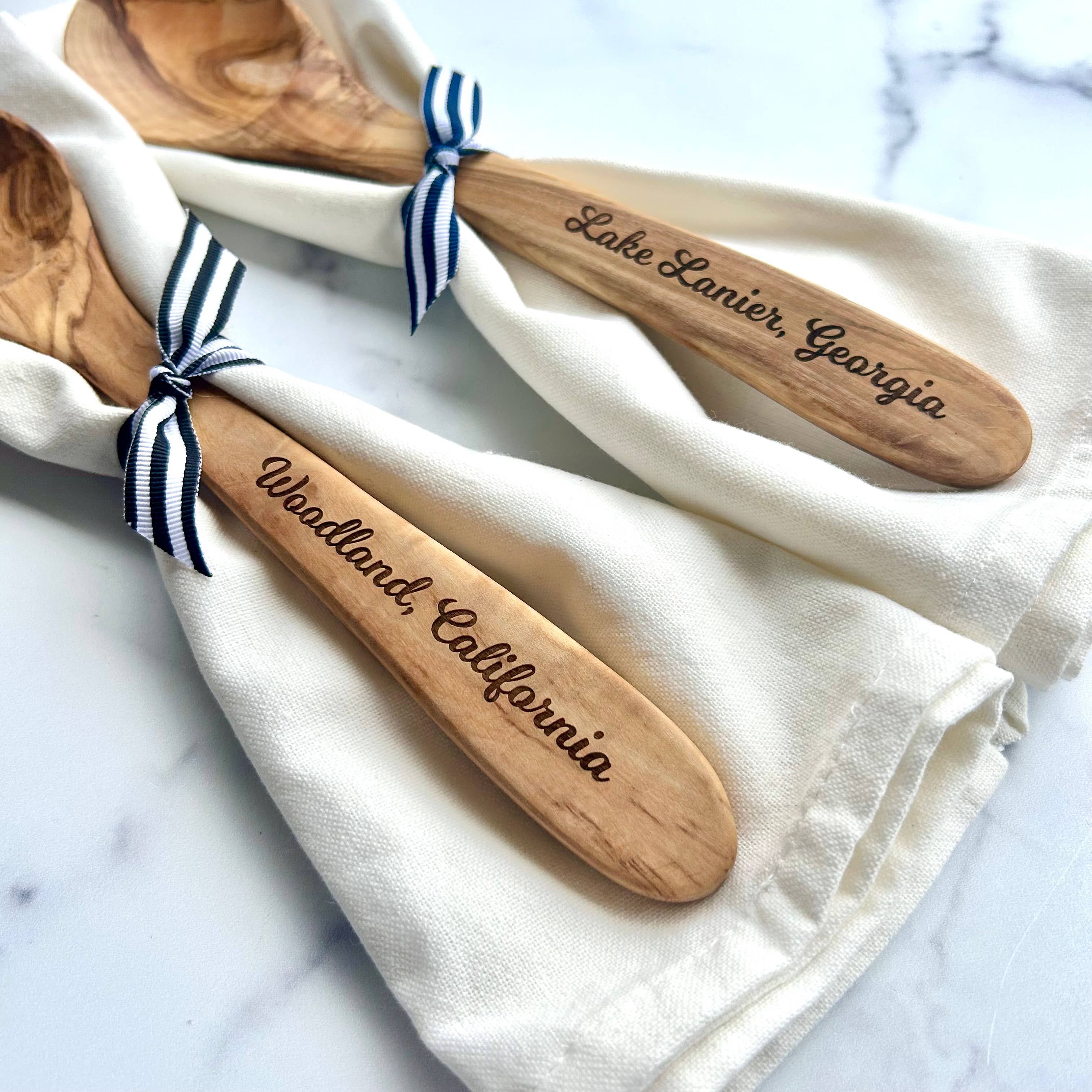 Custom City Name Olive Wood Serving Spoon & Towel Gift Set