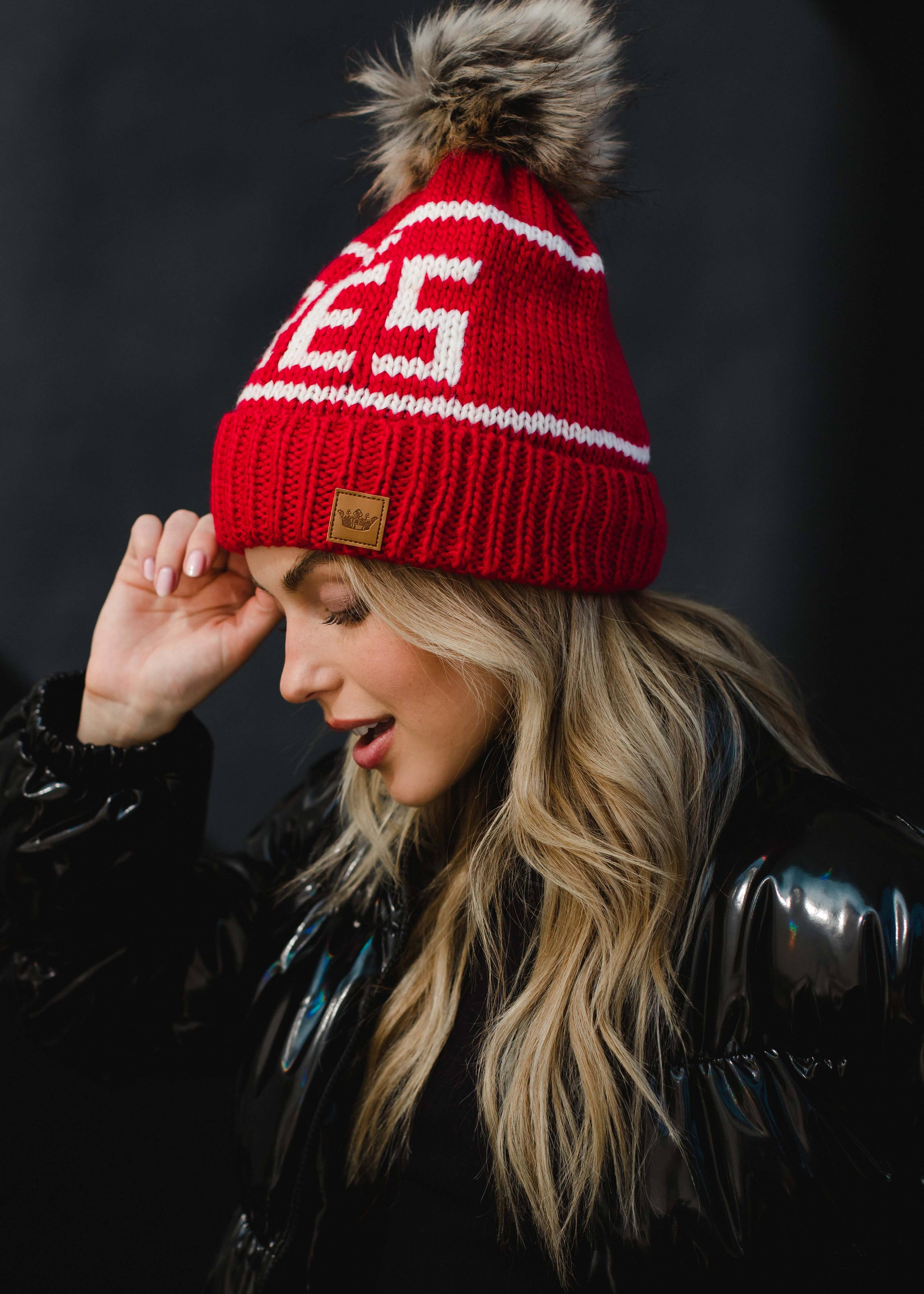 Red & White Apres Pom Hat