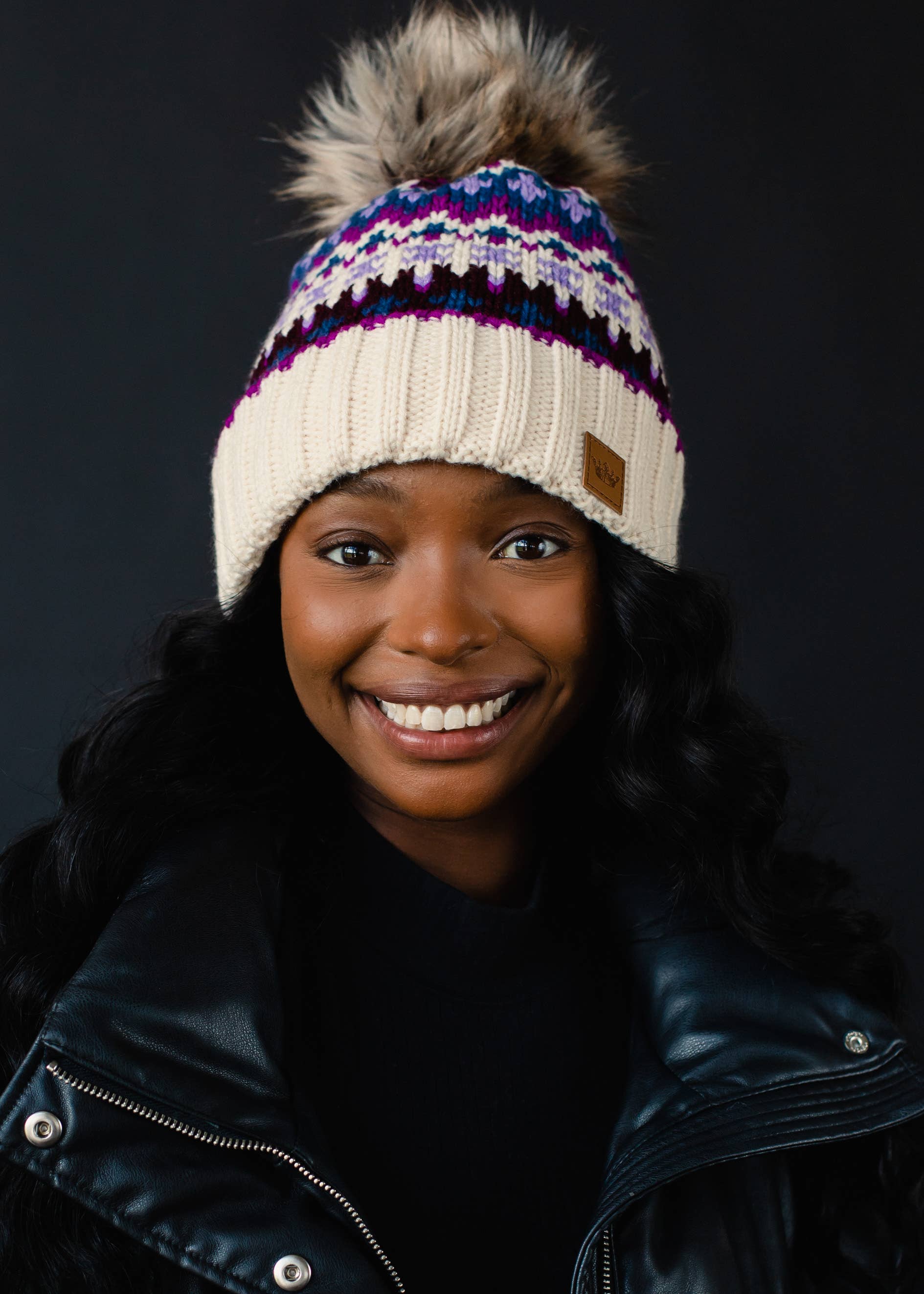 Beige, Purple & Multicolored Patterned Pom Hat