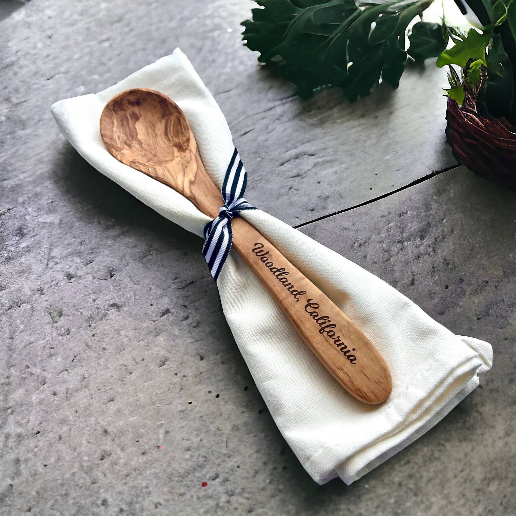 Custom City Name Olive Wood Serving Spoon & Towel Gift Set