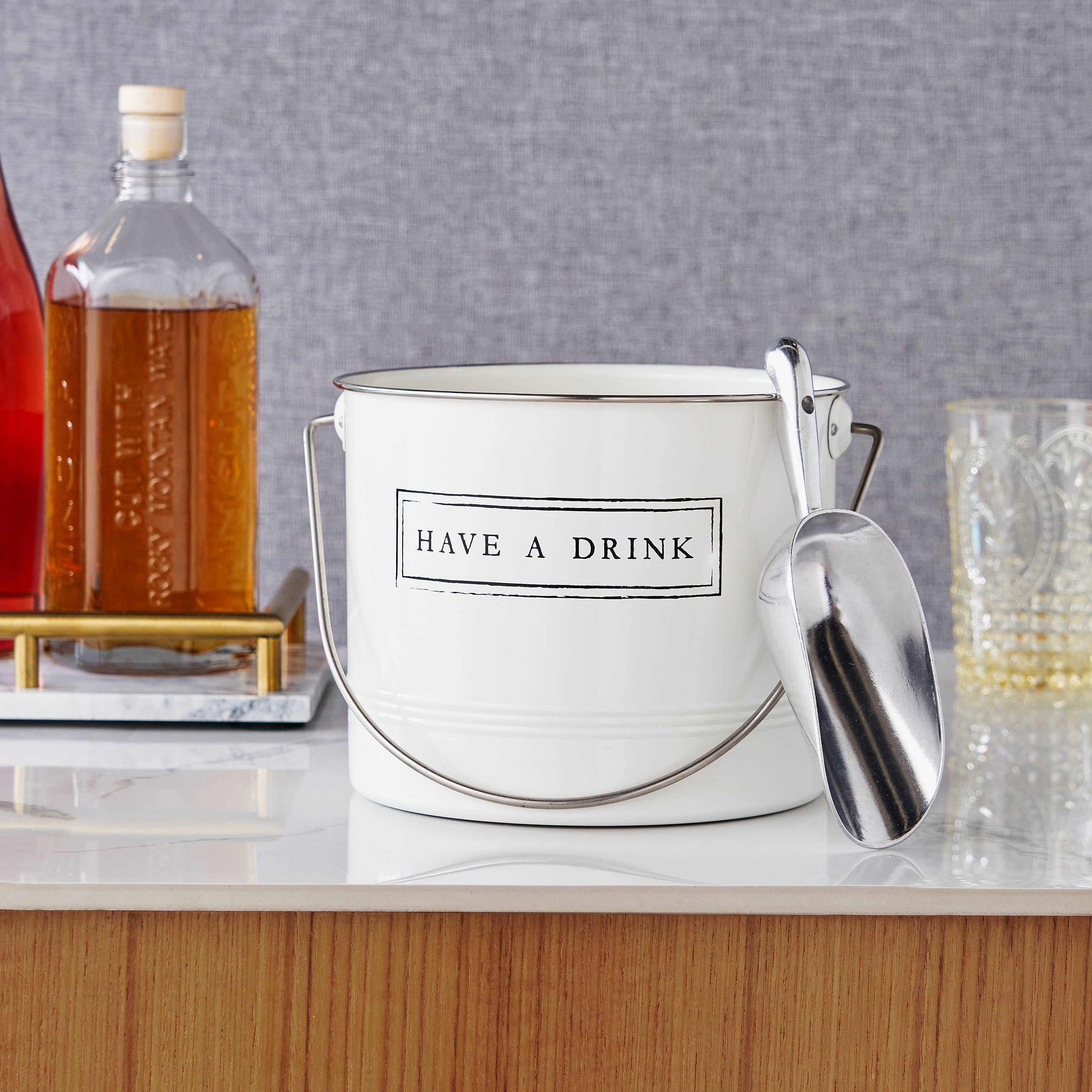 Galvanized Metal Ice Bucket & Scoop - "Have A Drink" - White