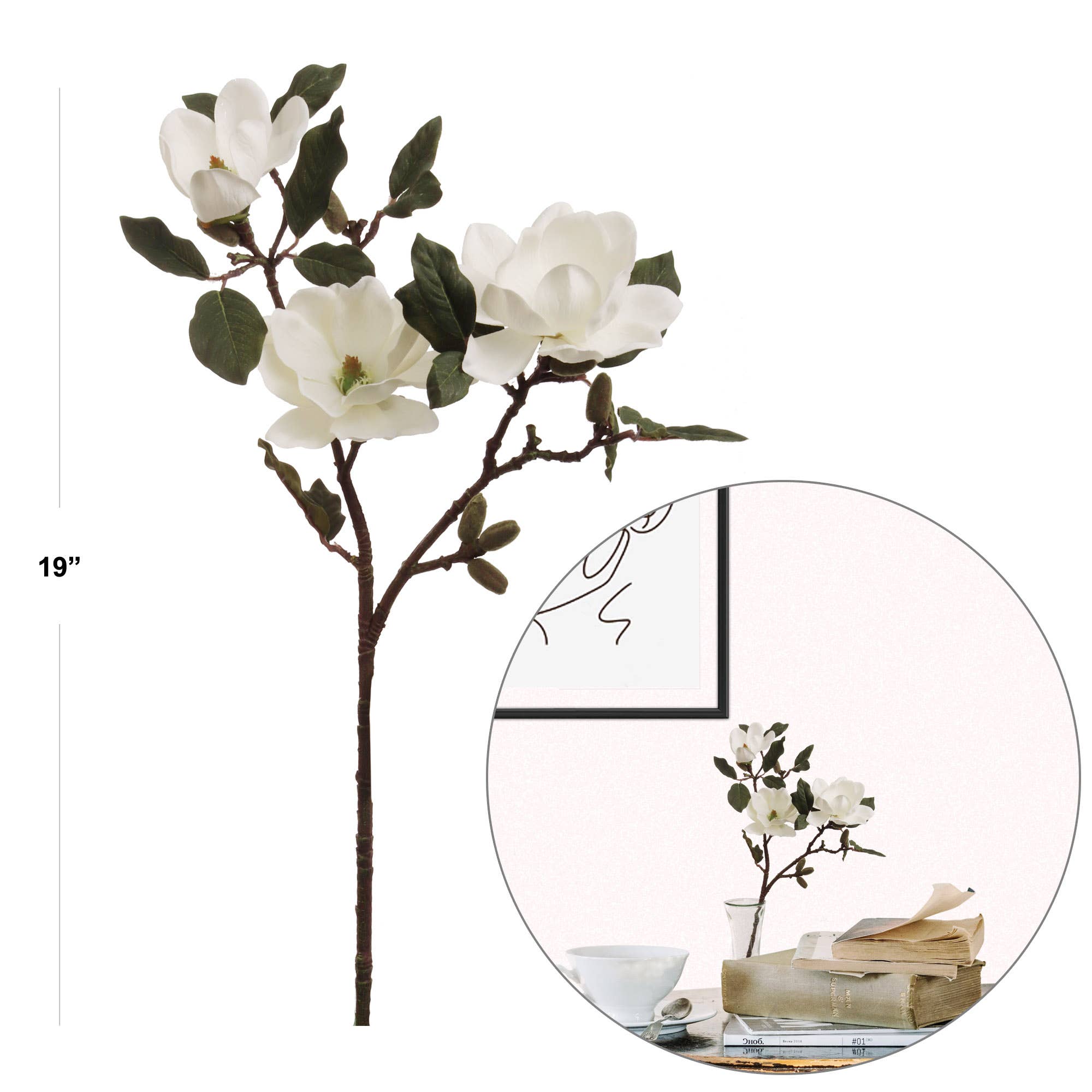 19" Magnolia W/ 3 Flowers, 9 Buds White Faux