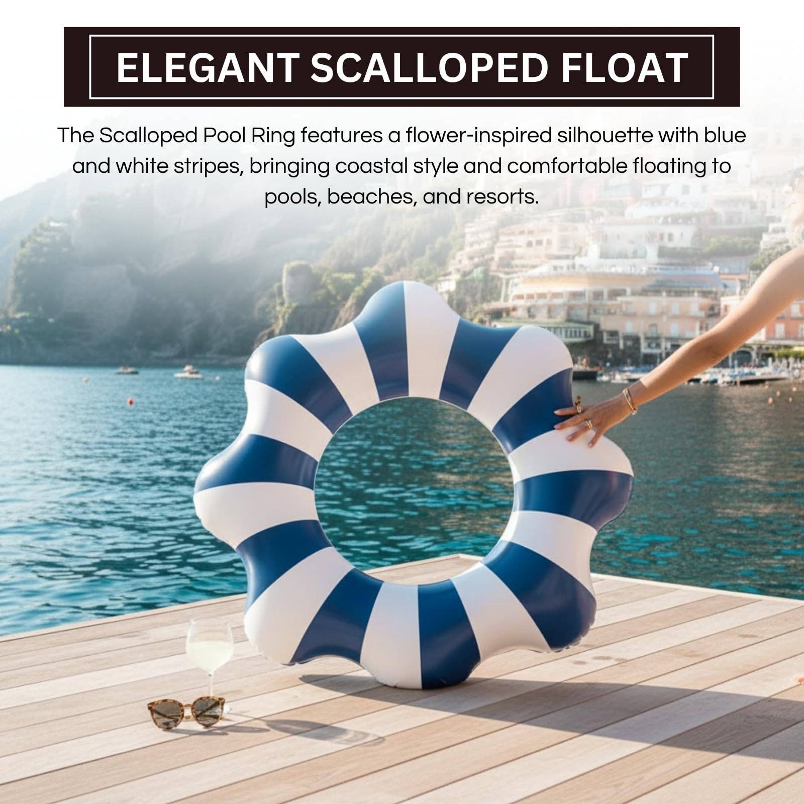 Amalfi Scalloped Float Ring for Pool & Beach | Blue & White