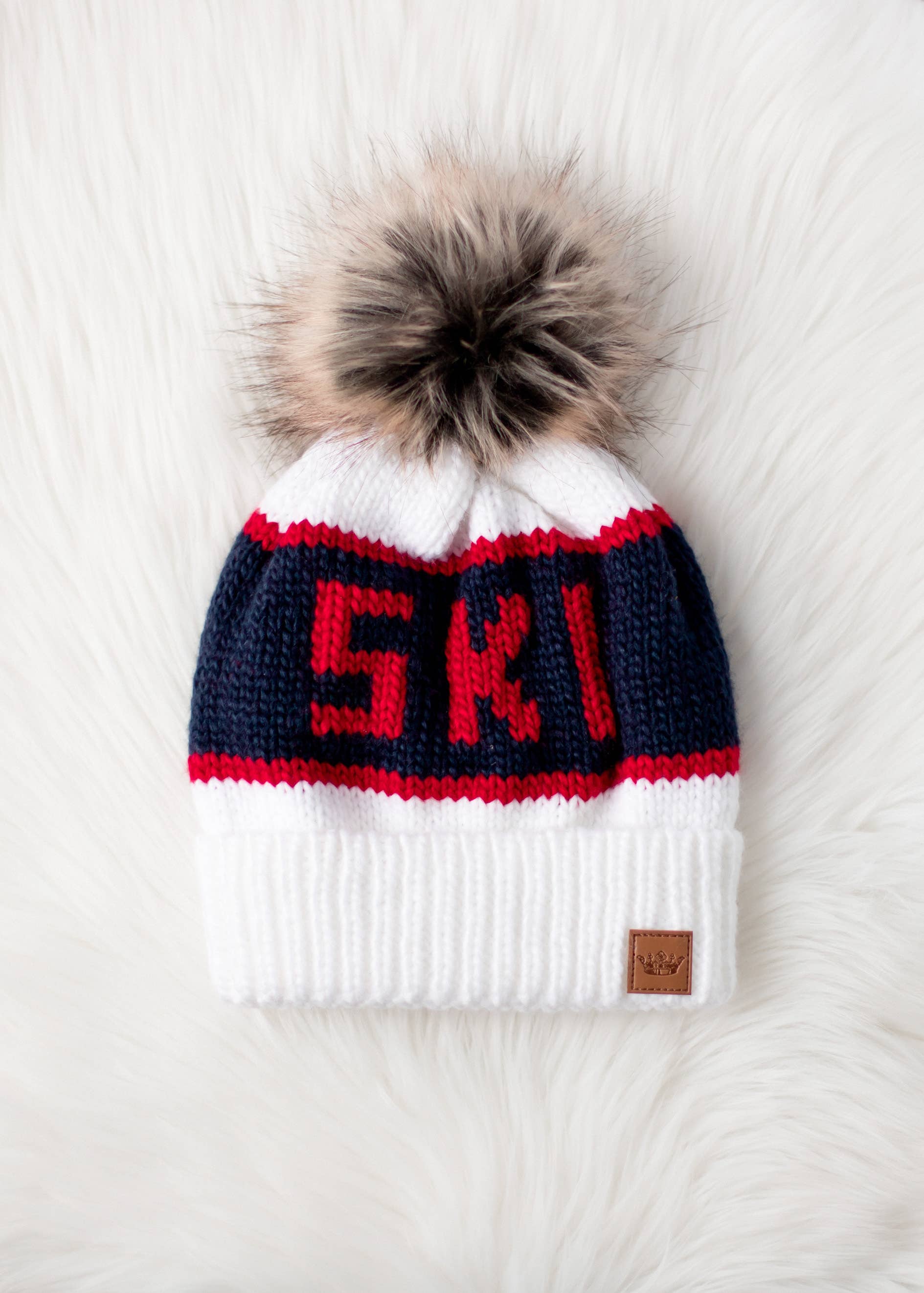 White, Navy & Red Ski Pom Hat