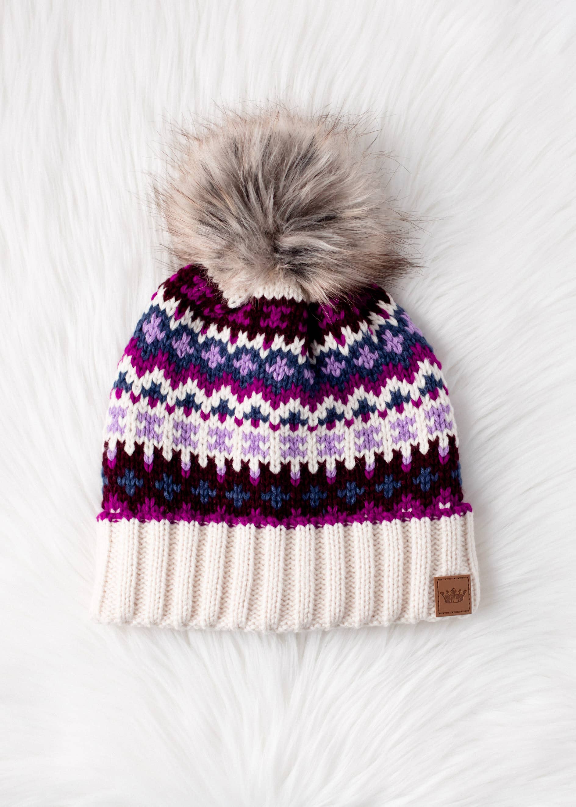 Beige, Purple & Multicolored Patterned Pom Hat