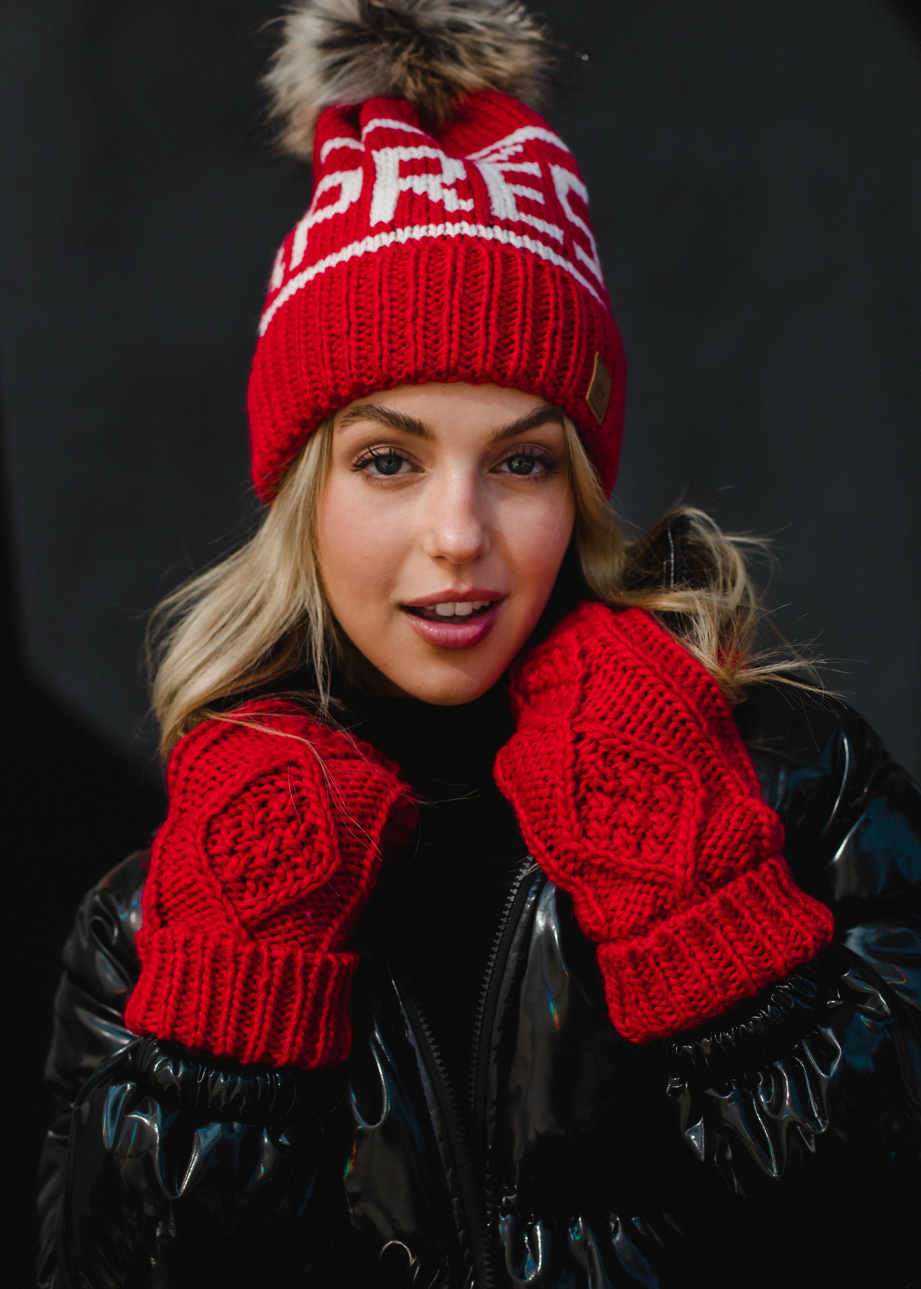 Red & White Apres Pom Hat