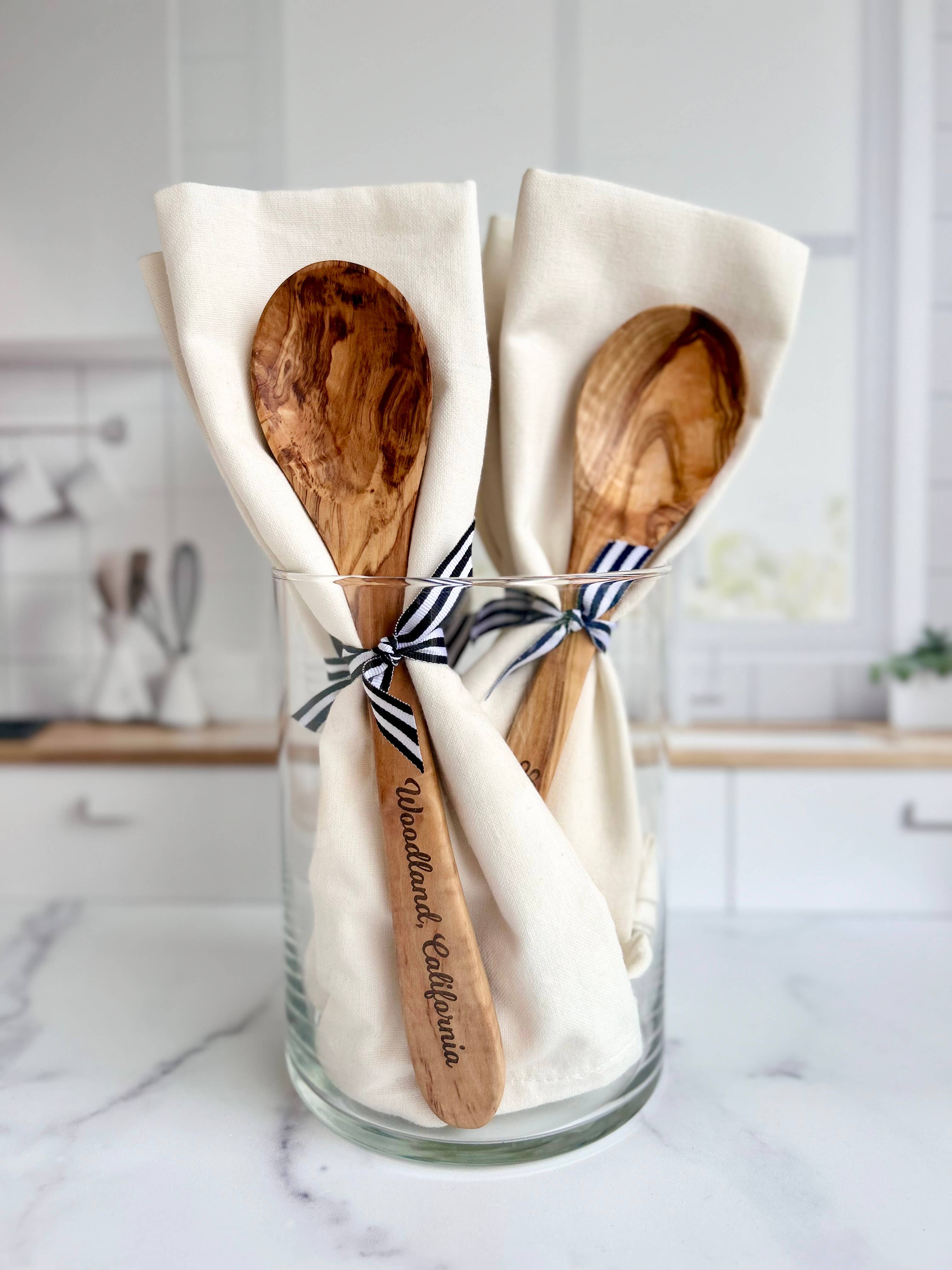Custom City Name Olive Wood Serving Spoon & Towel Gift Set