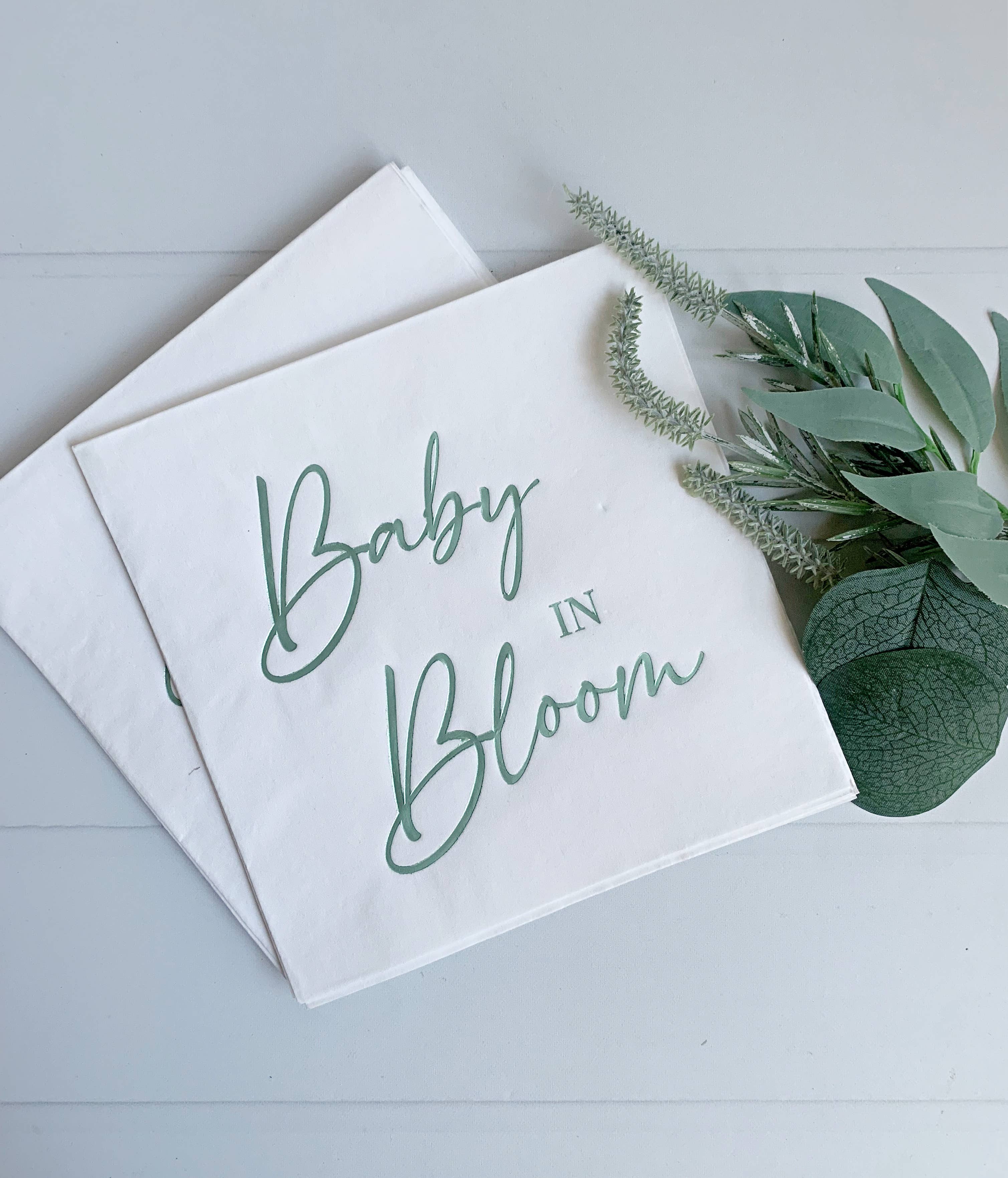 Baby in Bloom Sage Foil on White Luncheon | Set of 16