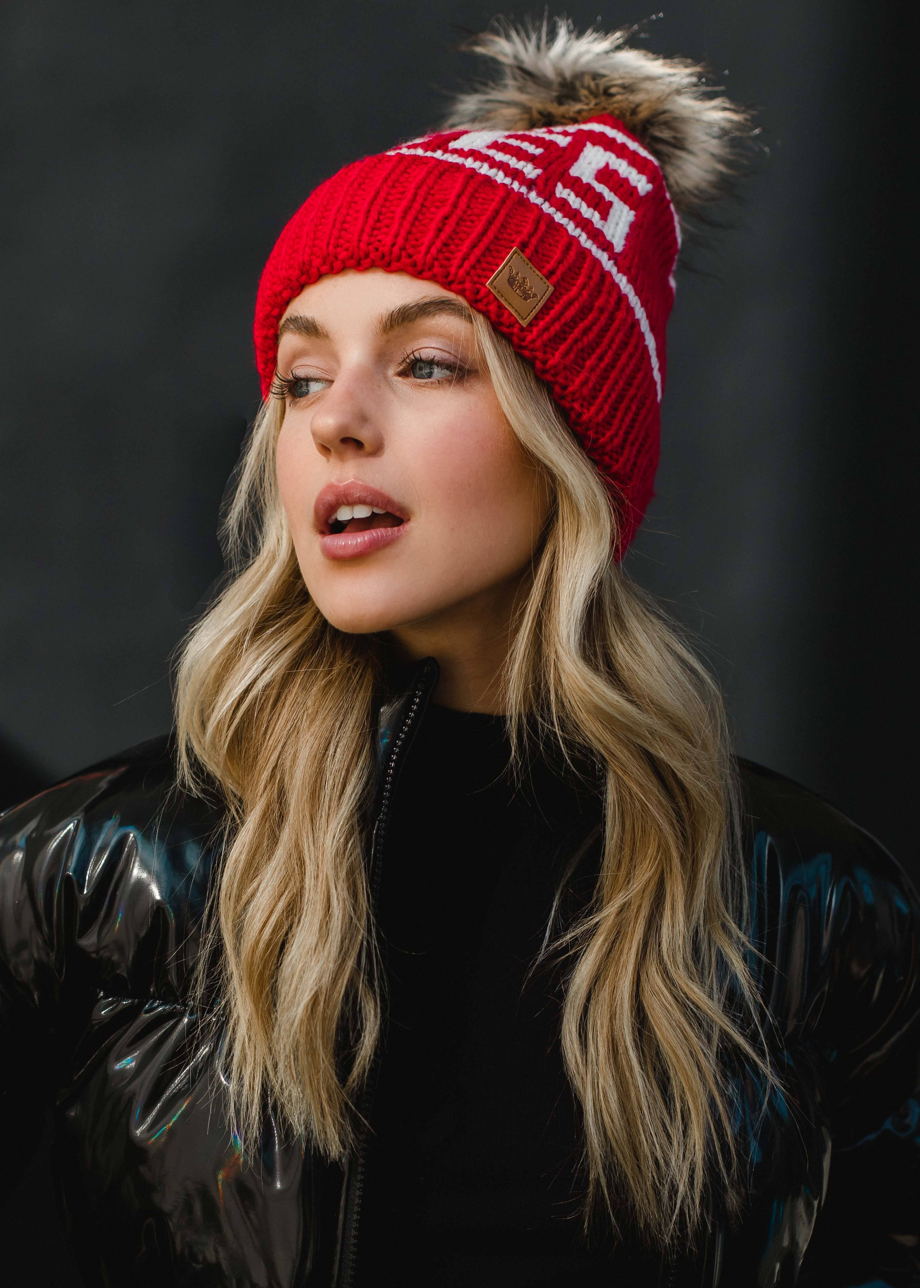 Red & White Apres Pom Hat