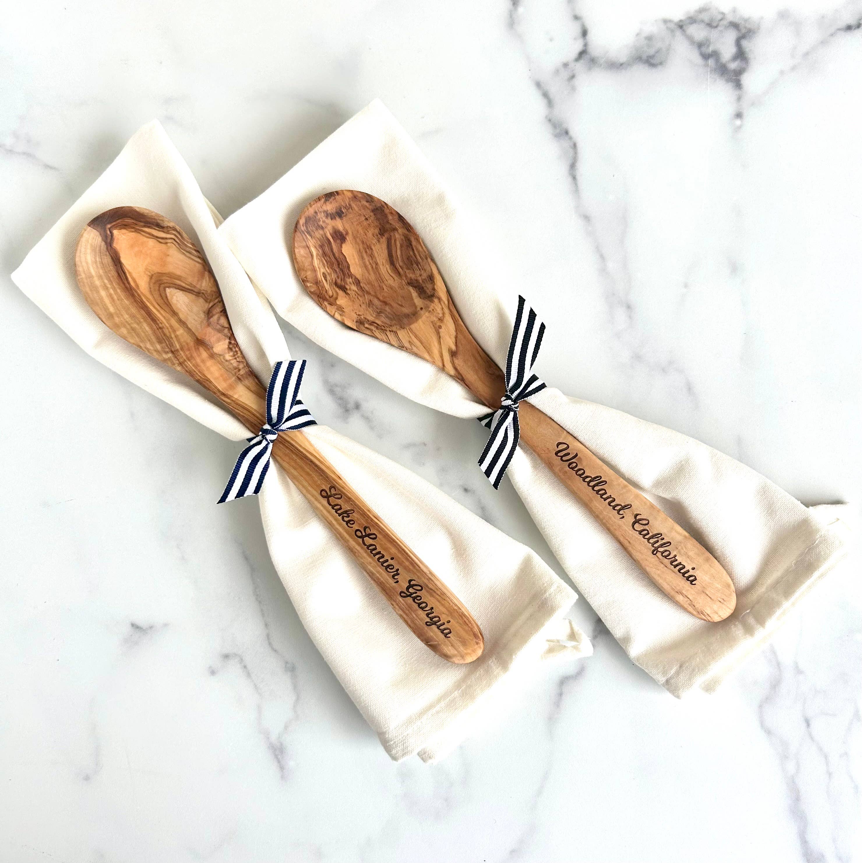 Custom City Name Olive Wood Serving Spoon & Towel Gift Set