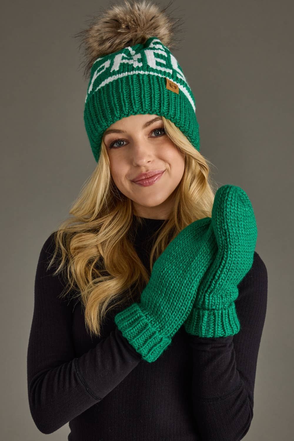 Green & White Apres Pom Hat