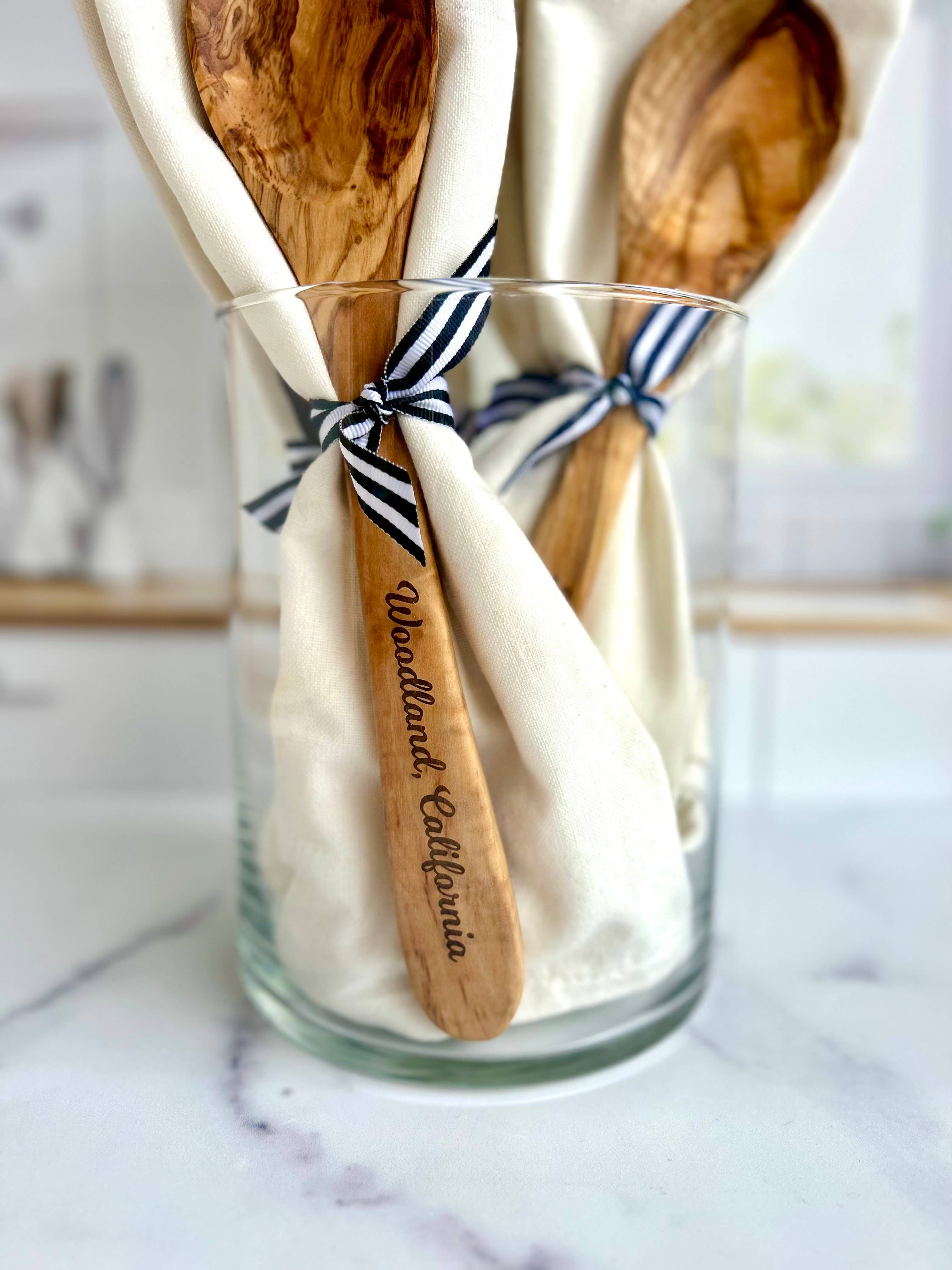 Custom City Name Olive Wood Serving Spoon & Towel Gift Set