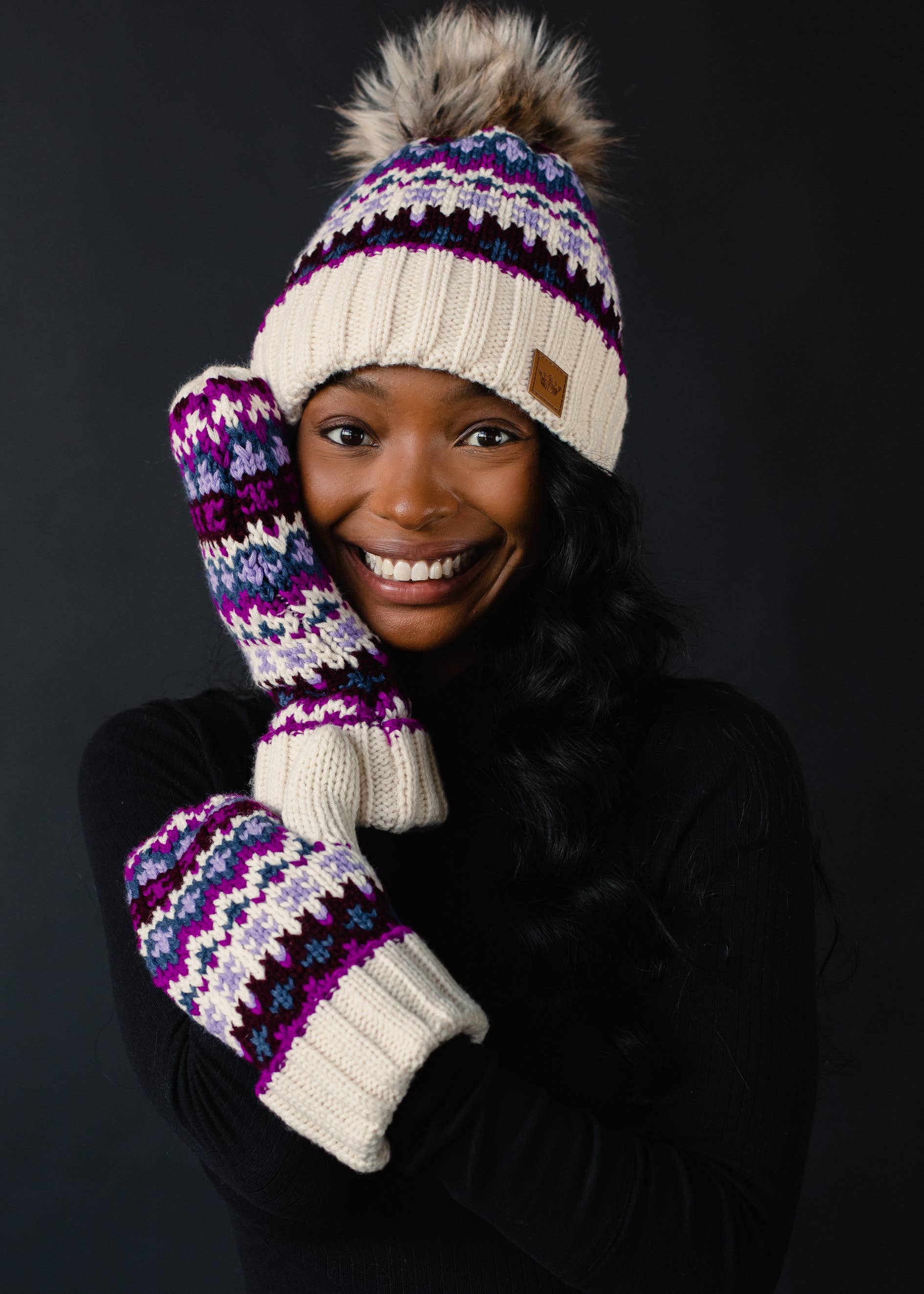 Beige, Purple & Multicolored Patterned Pom Hat