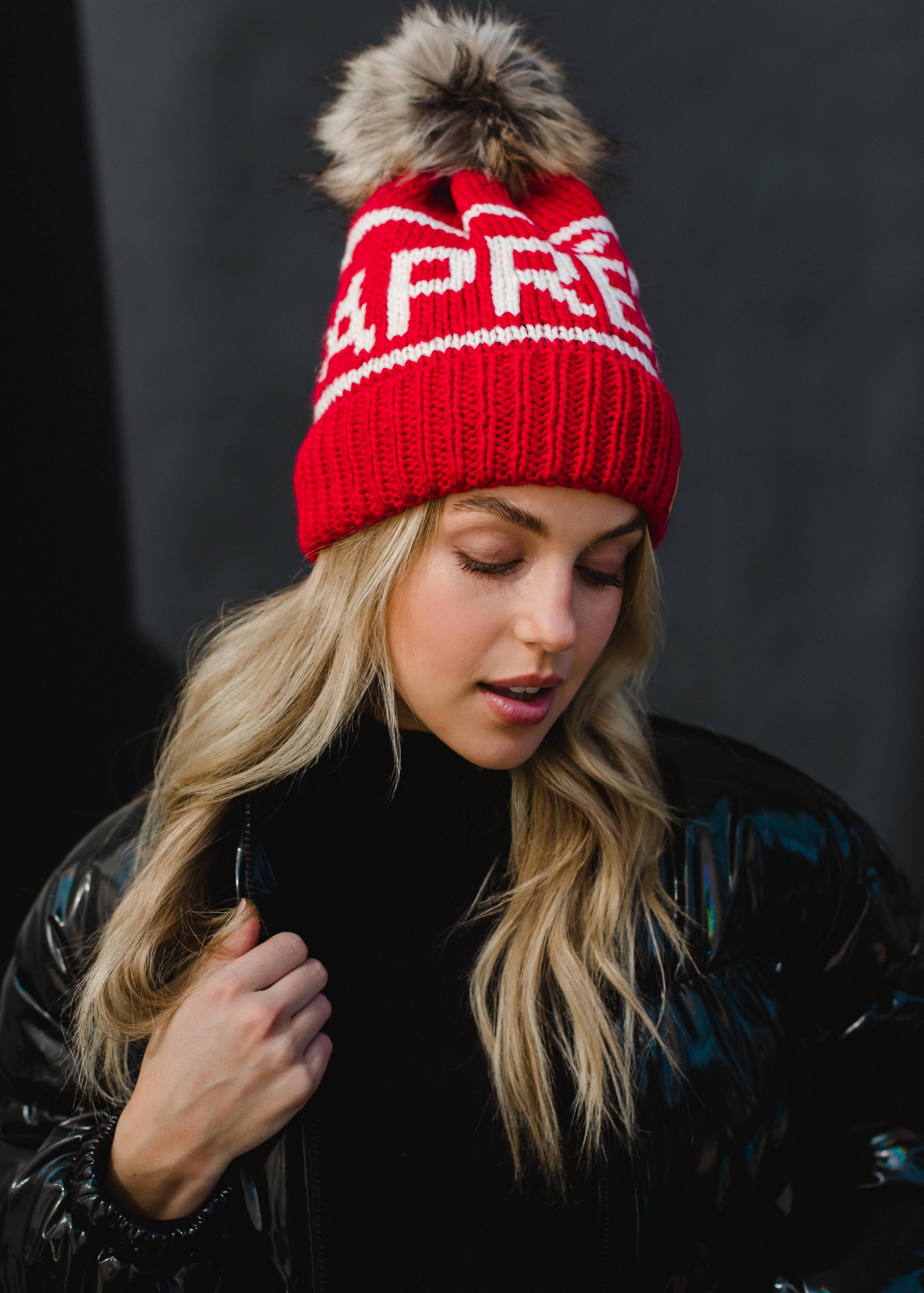 Red & White Apres Pom Hat