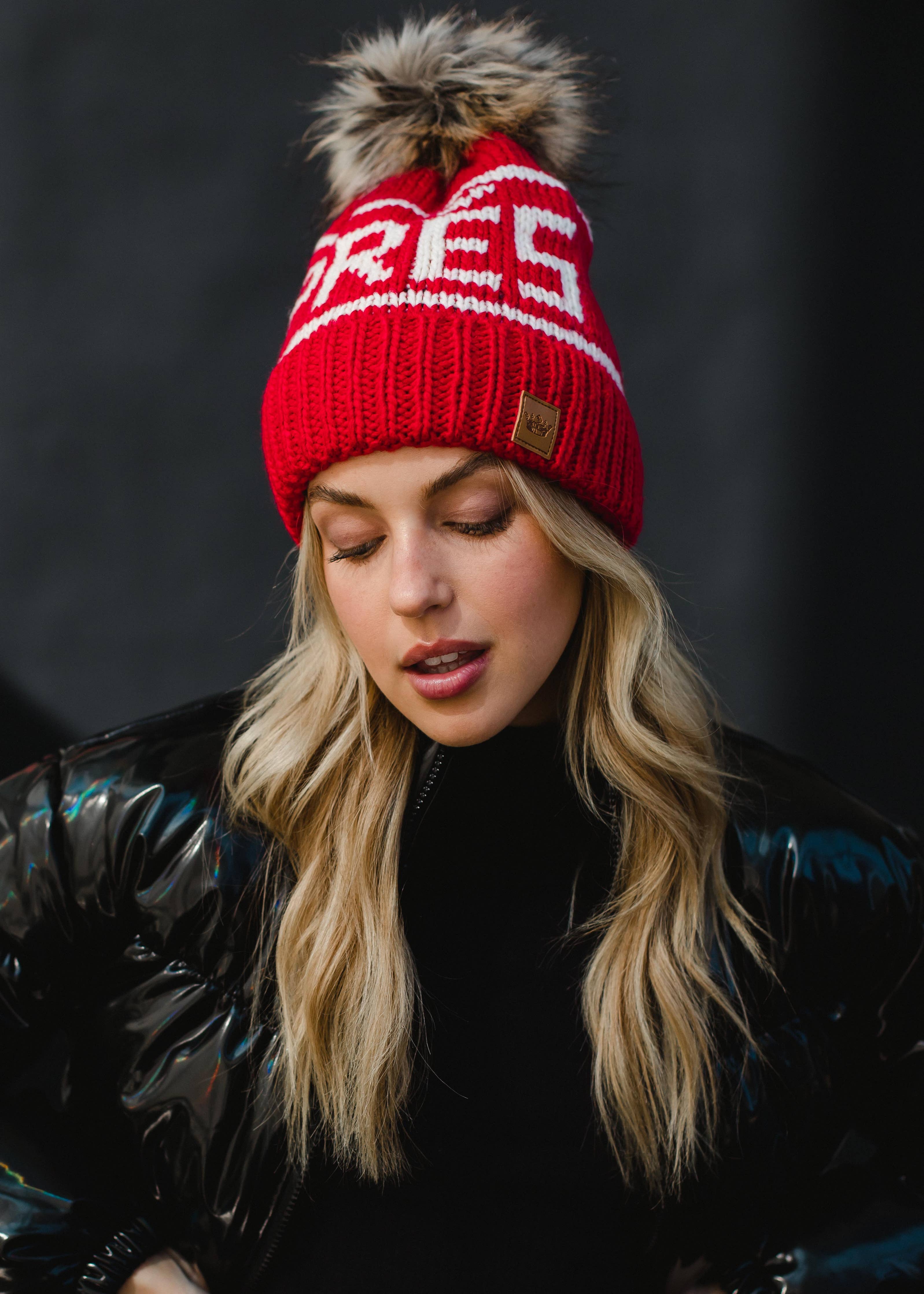 Red & White Apres Pom Hat